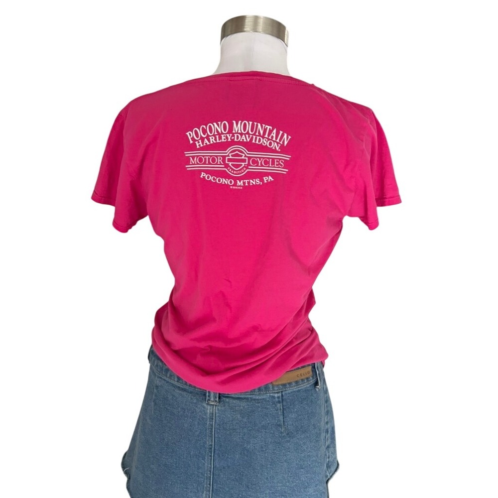 Harley-Davidson V-Neck T-Shirt Large Pink Script Logo Graphic Tee - Picture 3 of 5